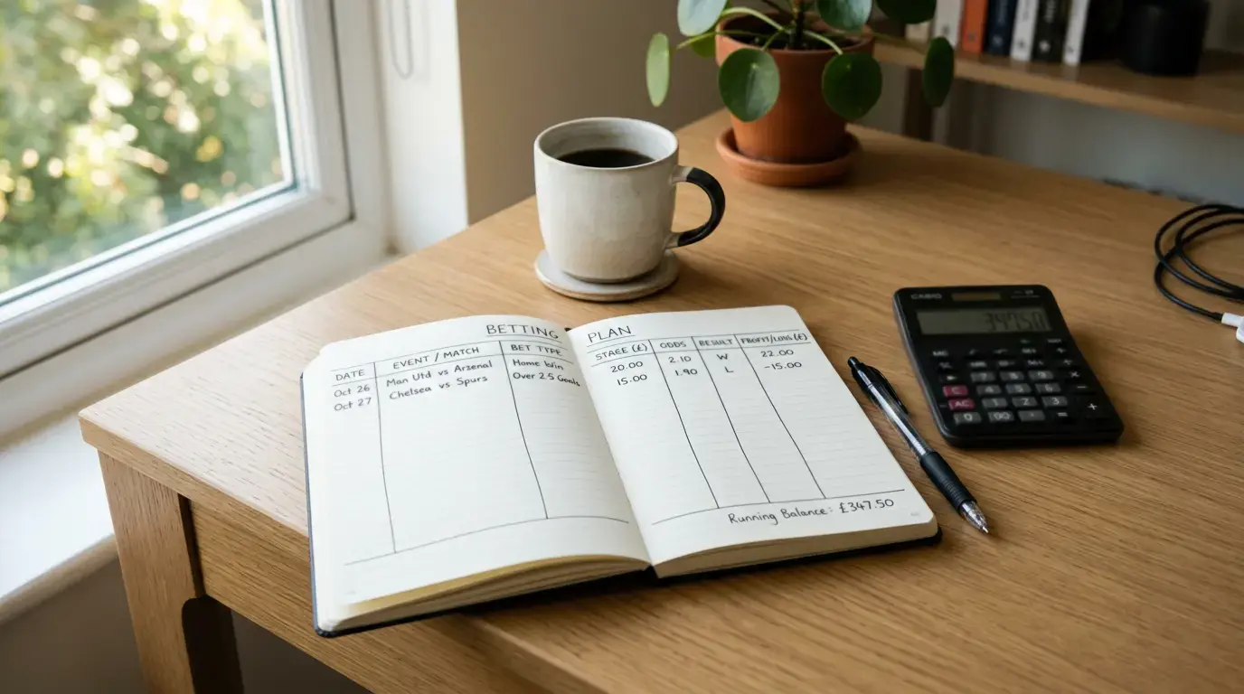 Strukturierter Schreibtisch mit Notizbuch und Taschenrechner für Wettplanung