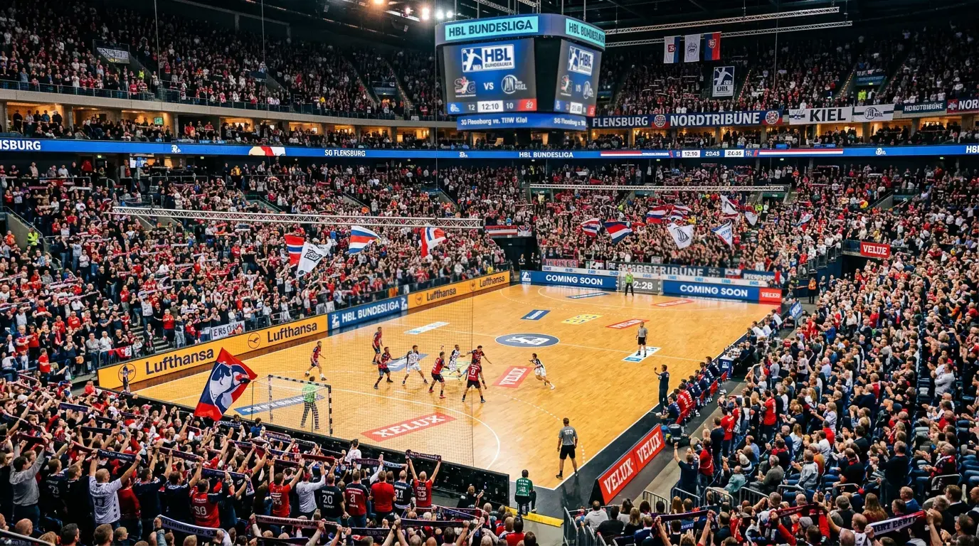 Ausverkaufte Handball-Bundesliga-Arena während eines HBL-Spiels