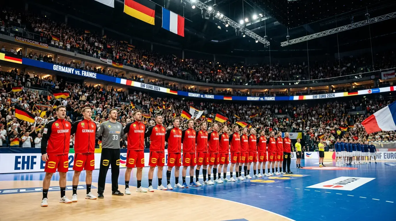 Handball-Nationalmannschaft vor einem Länderspiel in einem großen Stadion