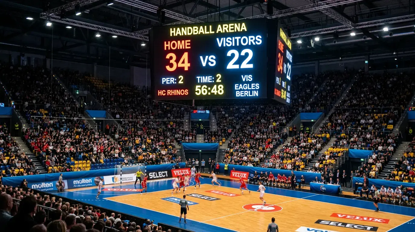 Anzeigetafel in einer Handballhalle zeigt einen deutlichen Torvorsprung