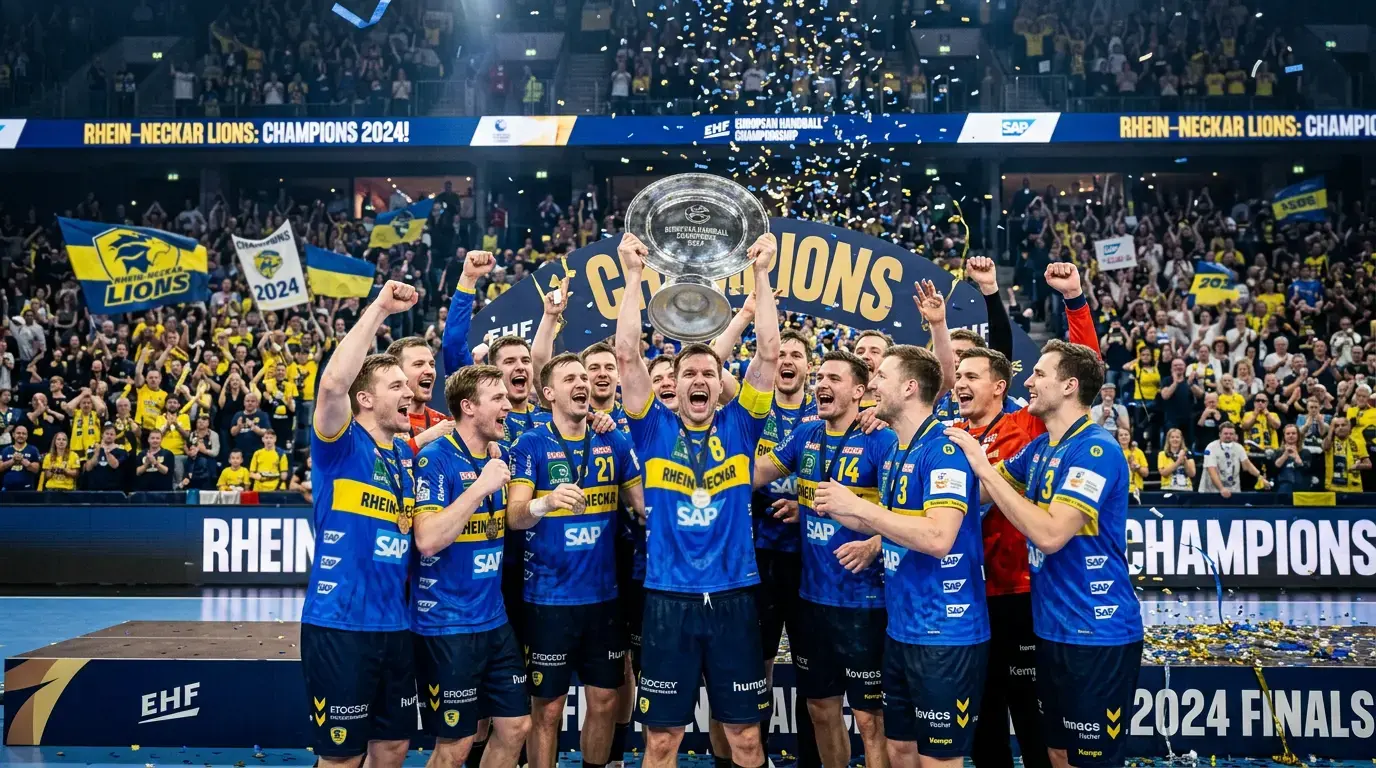 Handball-Team feiert mit der Meisterschale nach dem Gewinn der Bundesliga