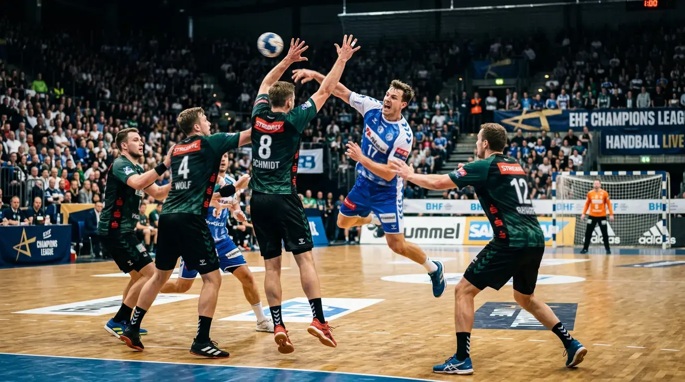 Intensives Handball-Spiel mit Spielern in schneller Aktion am Kreis