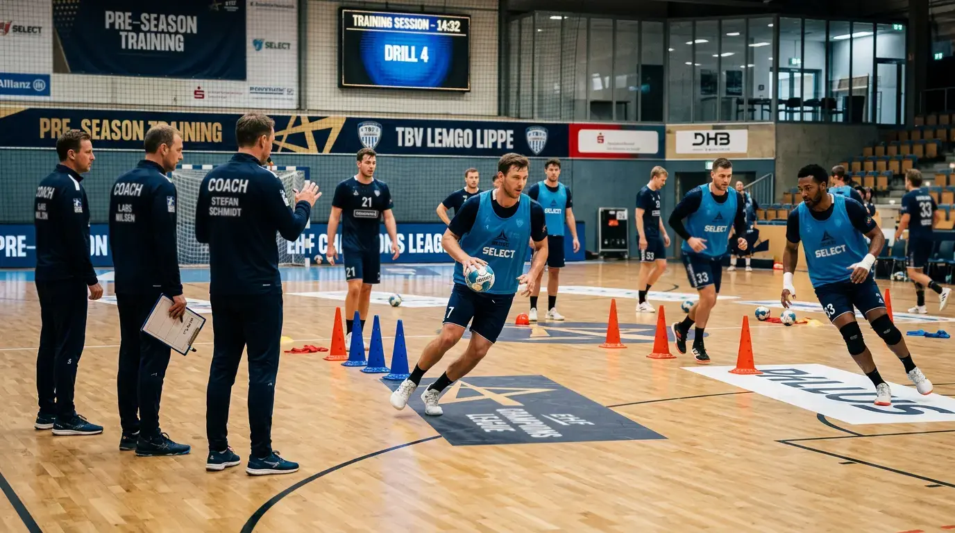 Handball-Mannschaft beim Vorbereitungstraining in einer Sporthalle