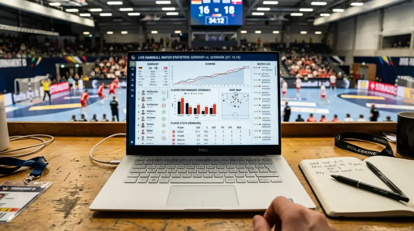 Laptop zeigt detaillierte Handball-Spielstatistiken und Leistungsdaten