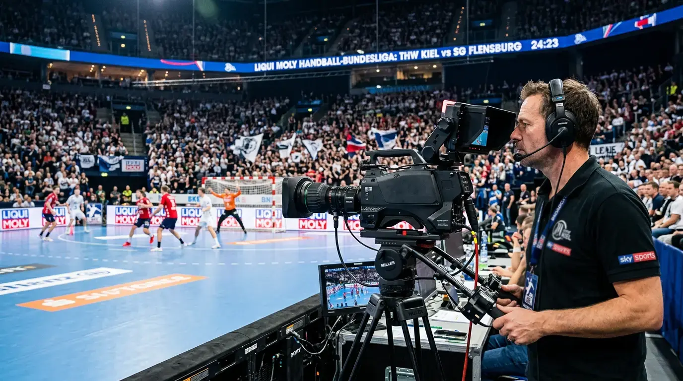 Fernsehkamera filmt ein Handball-Bundesliga-Spiel in einer vollen Halle