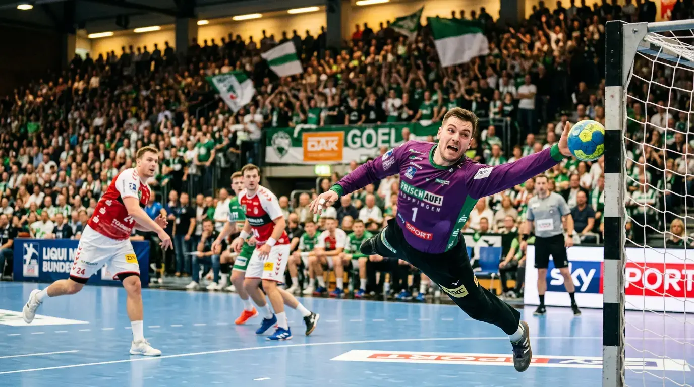 Handball-Torhüter streckt sich nach einem Wurf im Bundesliga-Spiel