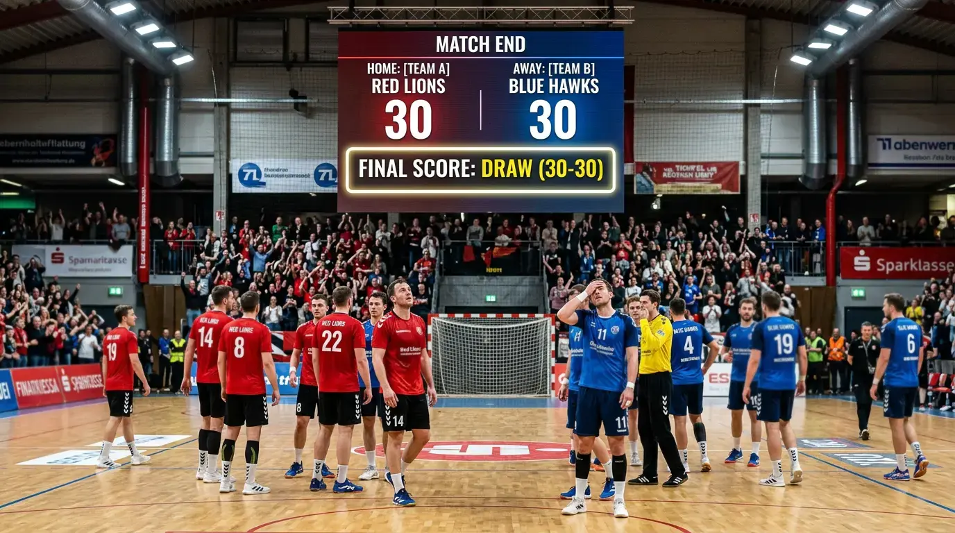 Handball-Anzeigetafel zeigt ein seltenes Unentschieden zwischen zwei Teams