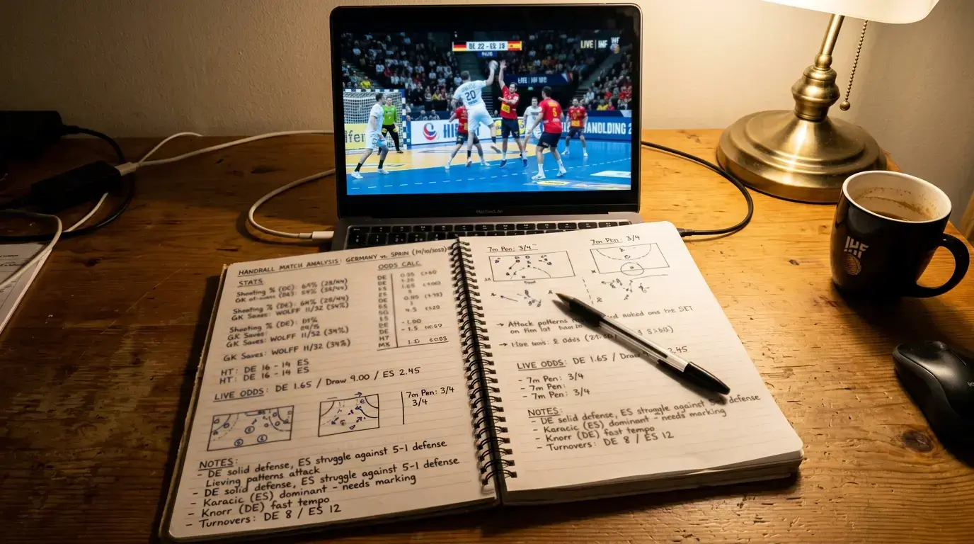 Notizbuch mit handgeschriebenen Handball-Statistiken und Quotenberechnungen