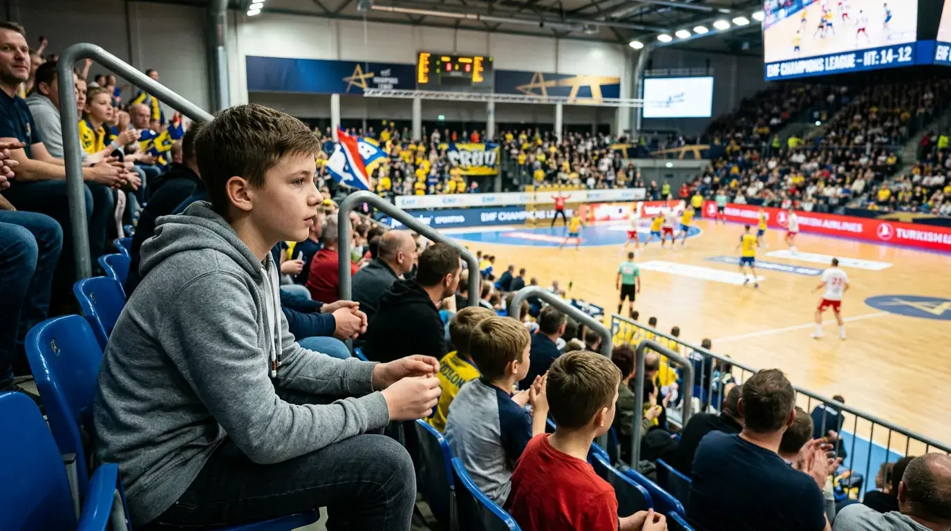 Junger Handball-Fan auf der Tribüne verfolgt aufmerksam ein Bundesliga-Spiel