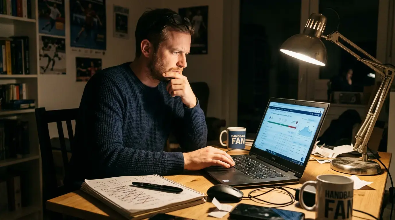 Person am Schreibtisch analysiert Handball-Wettdaten mit kritischem Blick