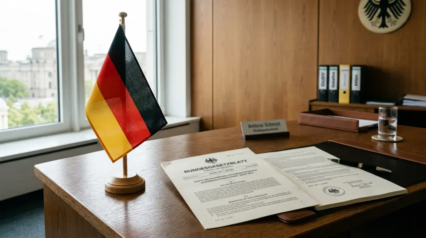 Deutsche Flagge neben einem Bundesgesetzblatt als Symbol für Glücksspielregulierung
