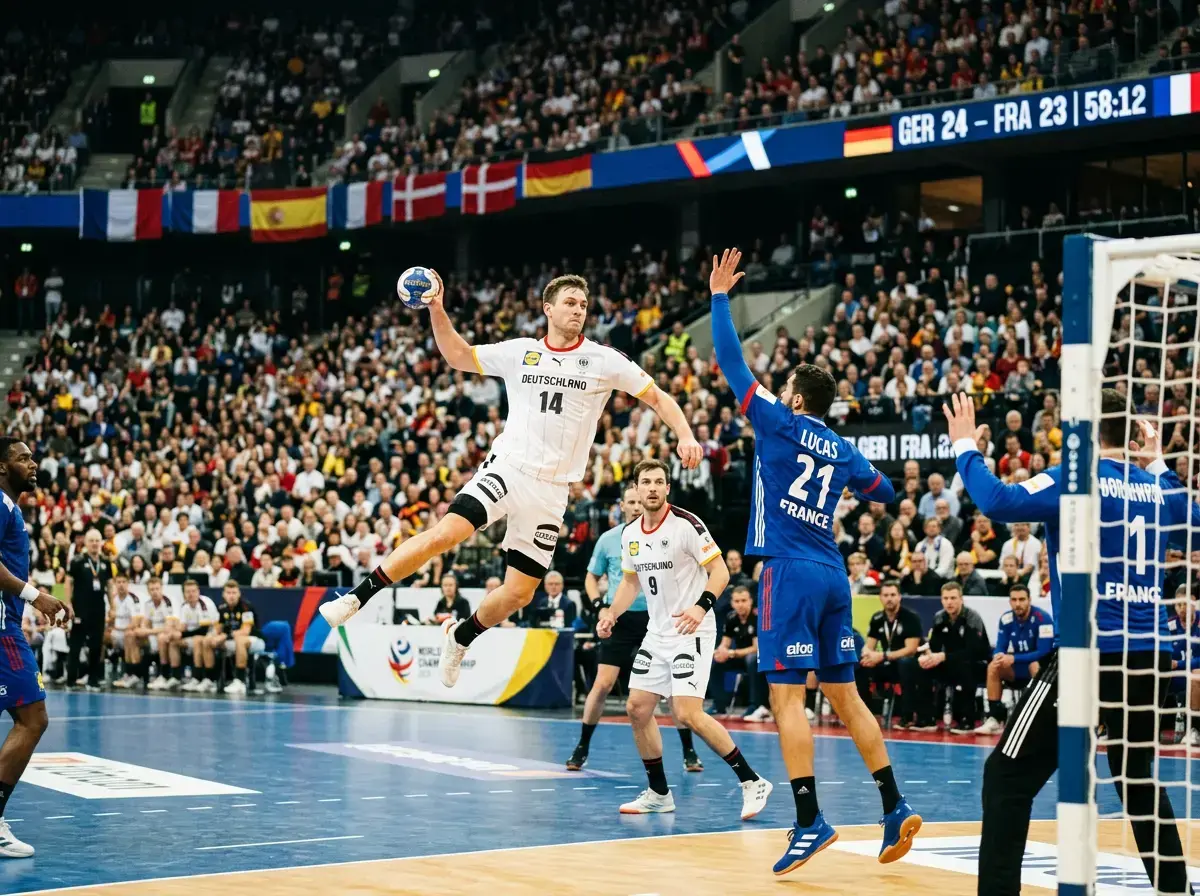 Handball-Spielszene bei einer Weltmeisterschaft mit Nationalteams