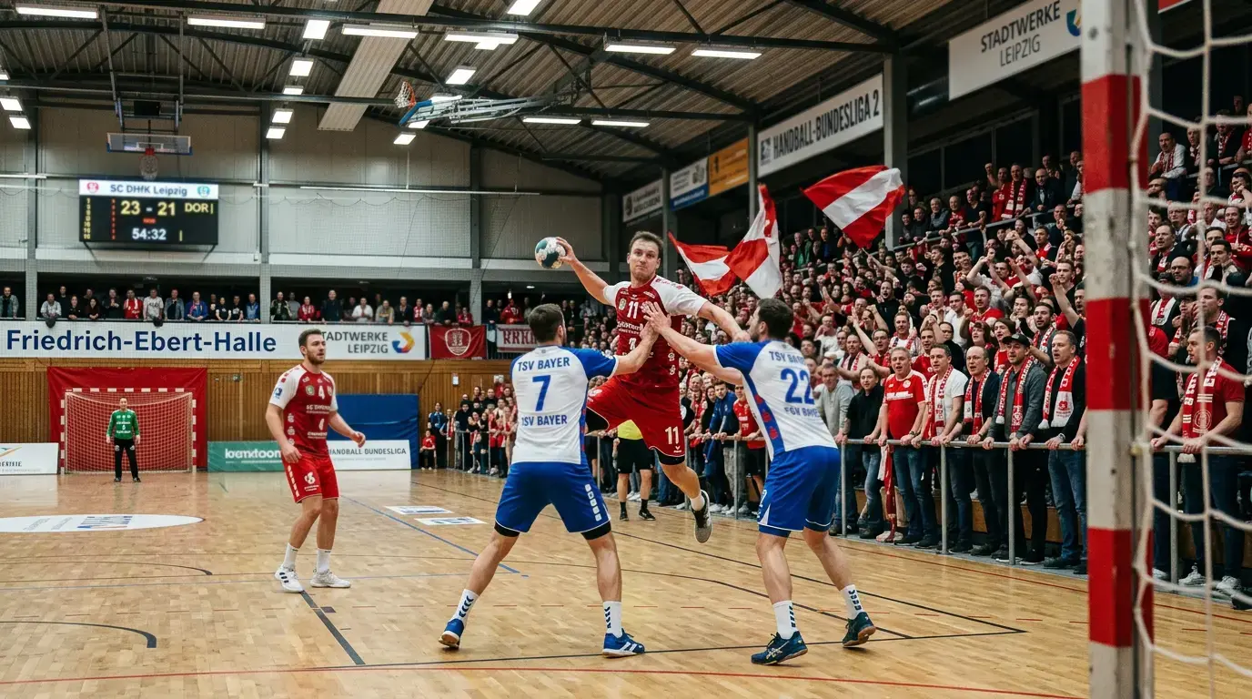 Handball-Spiel in einer kleineren Halle der 2. Bundesliga mit engagierten Fans