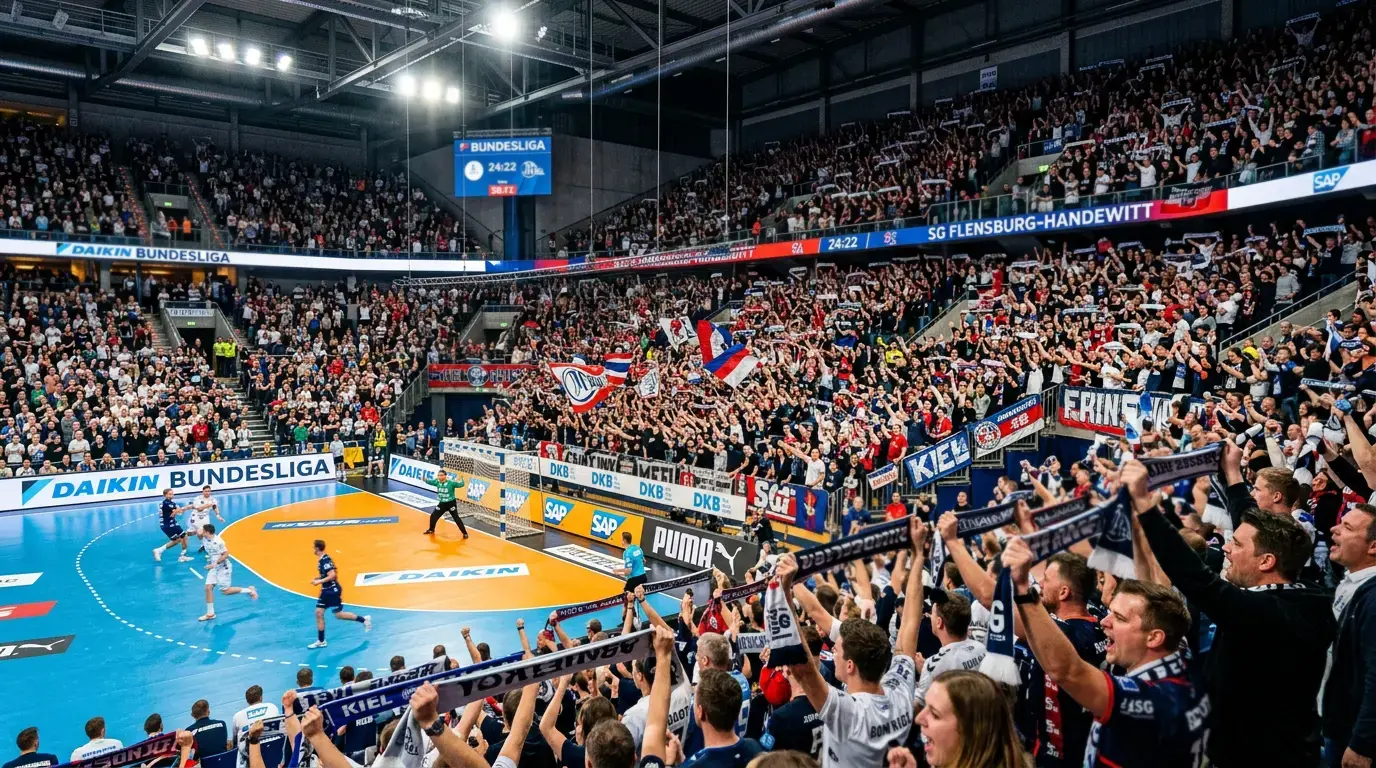 Ausverkaufte Handballhalle mit begeisterten Zuschauern bei einem HBL-Spiel