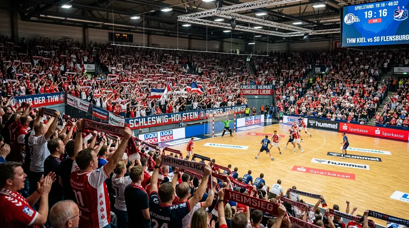 Volle Handballhalle mit begeisterten Heim-Fans bei einem Bundesliga-Spiel