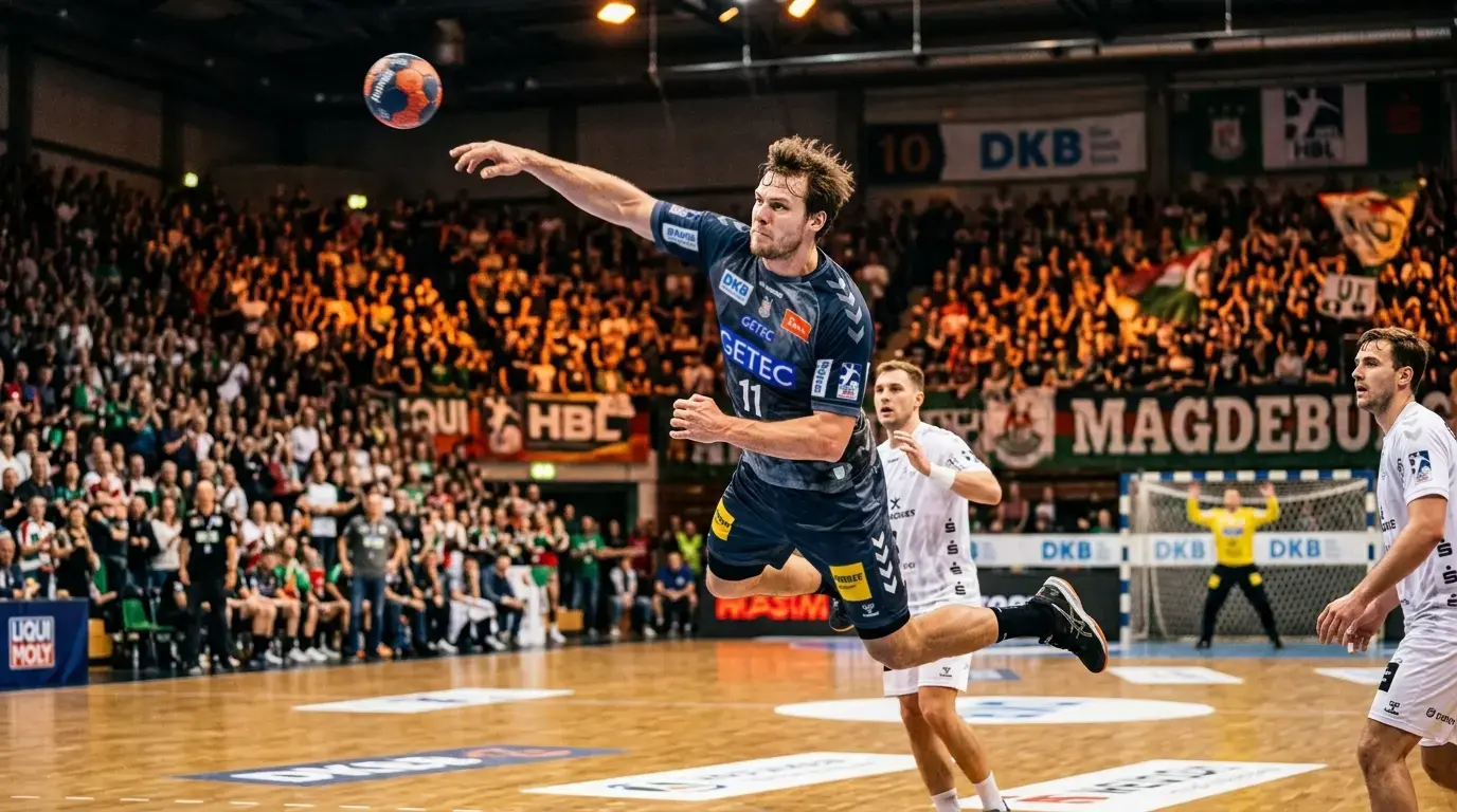 Handball-Spielszene in einer ausverkauften Bundesliga-Halle