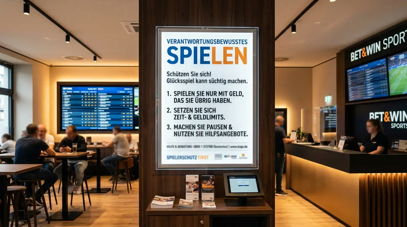 Schild mit Spielerschutz-Hinweis in einer modernen Sportwetten-Umgebung