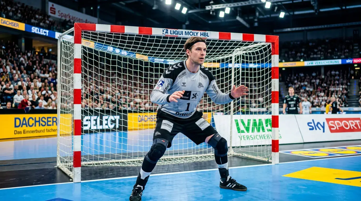Handball-Torhüter in Abwehrhaltung vor dem Tor bei einem Bundesliga-Spiel